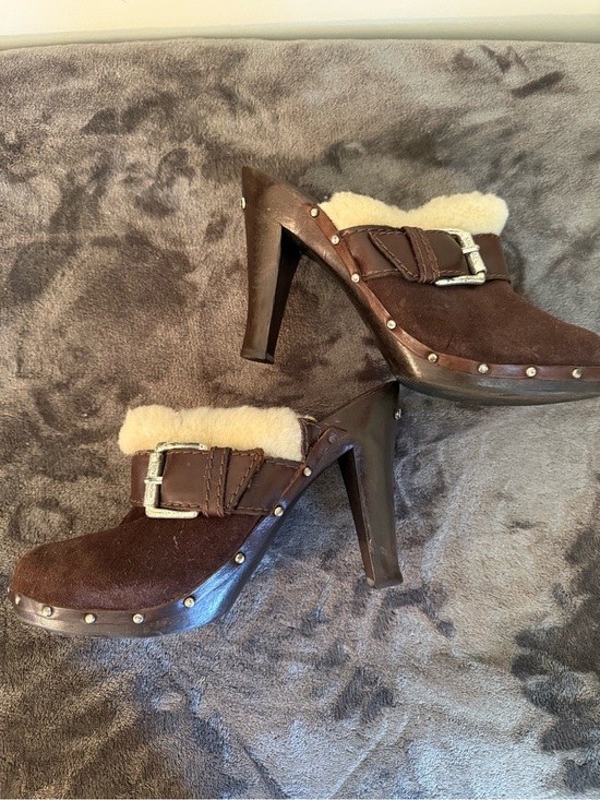 Michael Kors Shoes - Michael Kors Brown Suede Shearling-Trim Buckle Clog